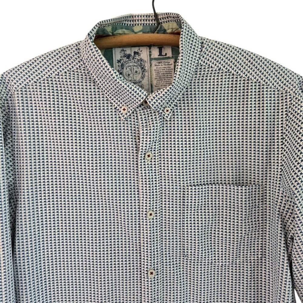 Trovata Mens Button-Up Long Sleeve Shirt Blue/White Checkered Pattern Size L Cot - Picture 5 of 11